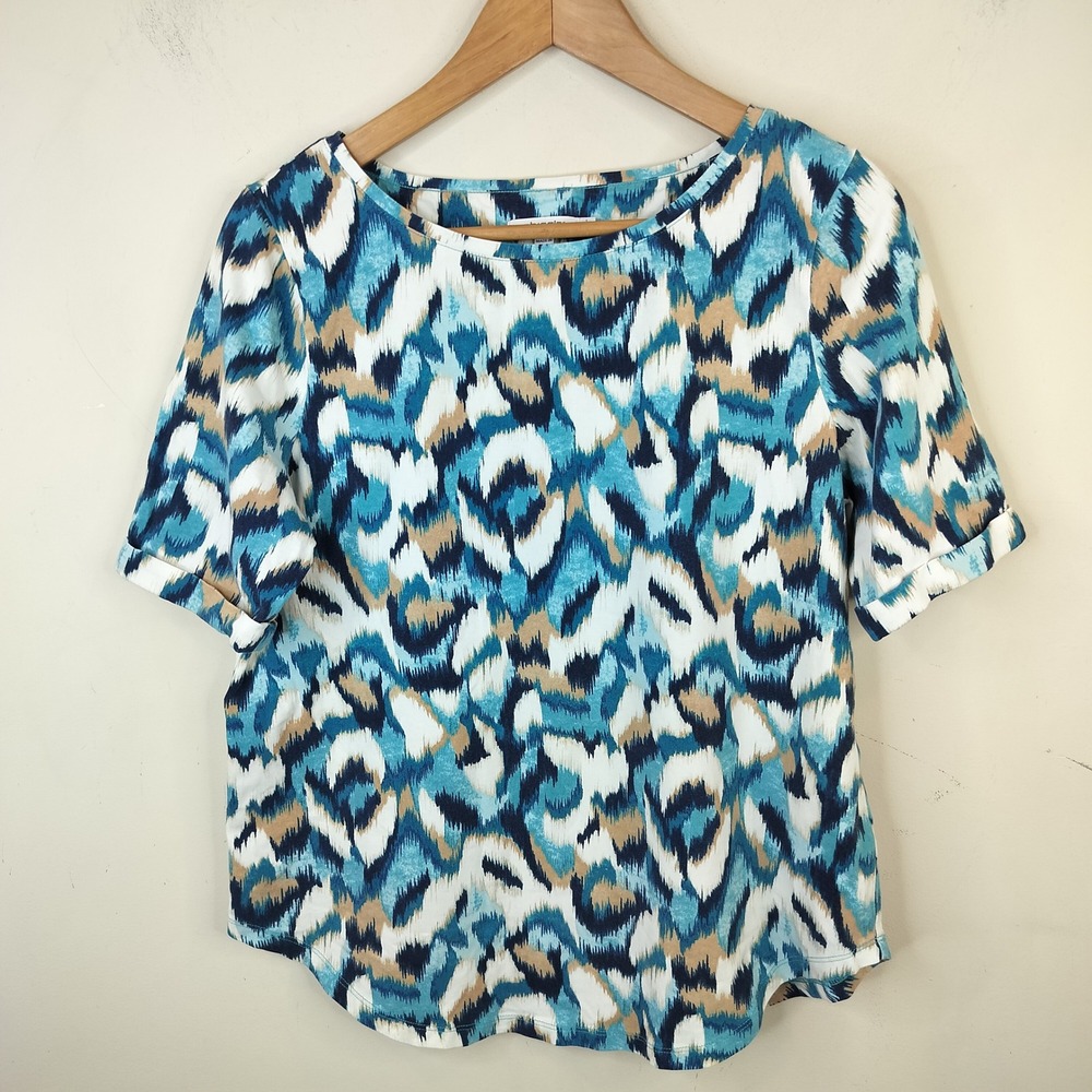 Chico's Short Sleeve Top 1 Medium Teal Abstract Ikat Cotton Casual Blue